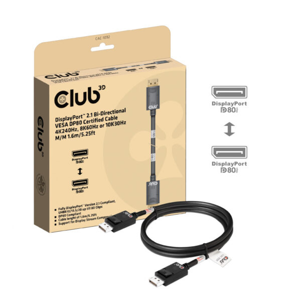 CLUB3D DisplayPort™ 2.1 Bi-Directional VESA DP80 Gecertificeerde kabel 4K240Hz, 8K60Hz or 10K60Hz M/M 1.6m/ Next-Gen Gami - Afbeelding 2