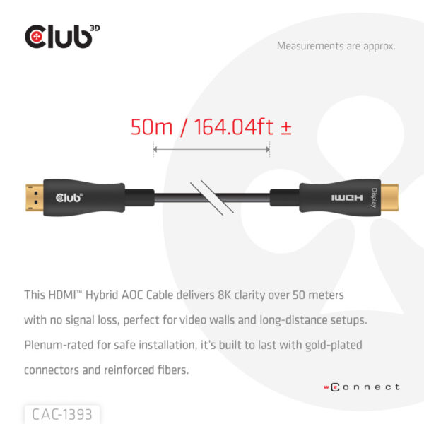 CLUB3D HDMI™ Hybrid AOC Cable 8K60Hz/4K120Hz 50m / 164.04ft - Afbeelding 3
