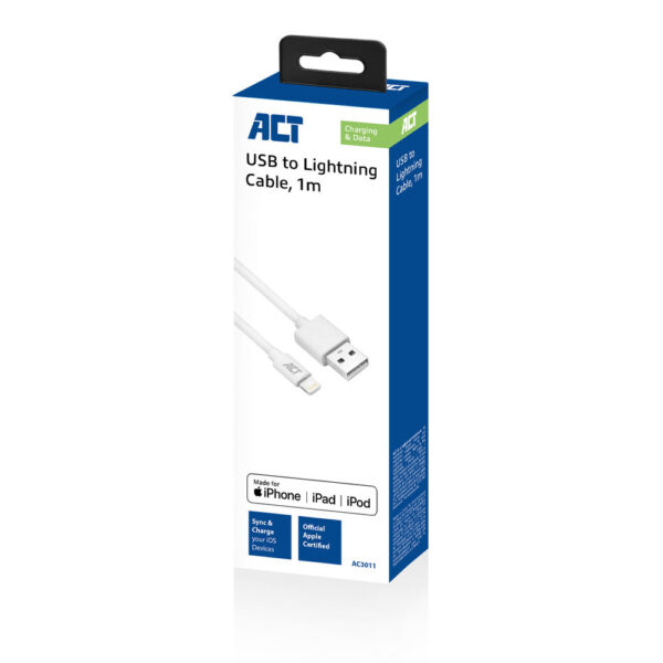 ACT USB 2.0 laad- en datakabel A male - Lightning male 1 meter, MFI gecertificeerd - Afbeelding 2