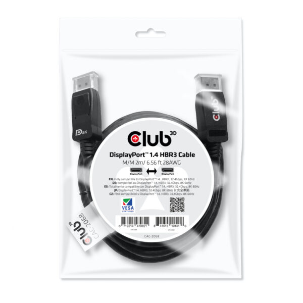 CLUB3D DisplayPort 1.4 HBR3 Cable 2meter M/M 8K60Hz - 1920x1080 pixels met 144hz - Afbeelding 2