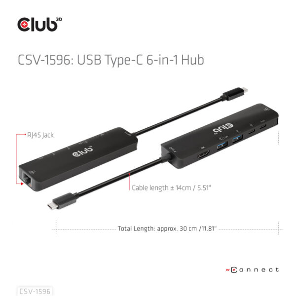 CLUB3D USB Gen1 Type-C, 6-in-1 Hub with HDMI 8K30Hz, 2xUSB Type-A, RJ45 and 2xUSB Type-C, Data and PD charging 100 watt - Afbeelding 11