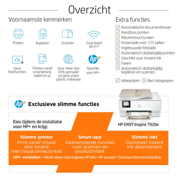 HP ENVY Inspire 7920e Draadloos All-in-One Kleur Printer, Instant Ink; Kopieerapparaat, scanner - Afbeelding 4