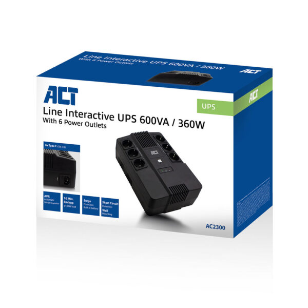 ACT Line Interactive UPS 600VA - met 6 geaarde stopcontacten - Afbeelding 2