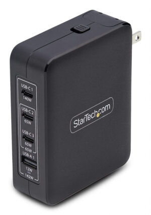 StarTech.com 140W USB-C Wandlader, 3x USB-C/1x USB-A, APFC, PD 3.1 Internationale GaN Power Adapter voor MacBook/Dell XPS/Inspir