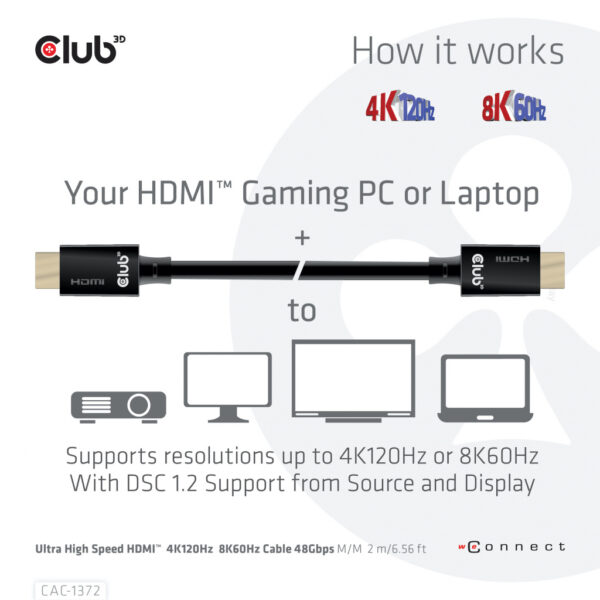 CLUB3D Ultra High Speed HDMI 4K120Hz, 144Hz Certified Cable 48Gbps M/M 2 m / 6.56 ft - Afbeelding 7