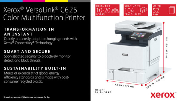 Xerox VersaLink C625 A4 50 ppm dubbelzijdig kopiëren en printen, scannen en faxen, geschikt voor PS3 PCL5e/6 2 laden voor max. - Afbeelding 22