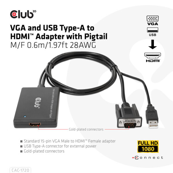 CLUB3D VGA and USB Type-A to HDMI Adapter with Pigtail M/F 0.6m/1.97ft 28AWG - Afbeelding 2