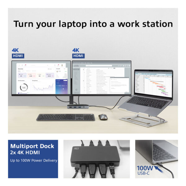 ACT USB-C 4K MST dockingstation voor 2 HDMI-monitoren, Ethernet, USB-C, 3x USB-A, PD passthrough en 1 meter lange afneembare USB - Afbeelding 9