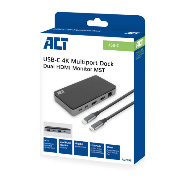 ACT USB-C 4K MST dockingstation voor 2 HDMI-monitoren, Ethernet, USB-C, 3x USB-A, PD passthrough en 1 meter lange afneembare USB - Afbeelding 2