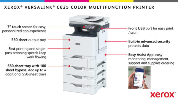 Xerox VersaLink C625 A4 50 ppm dubbelzijdig kopiëren en printen, scannen en faxen, geschikt voor PS3 PCL5e/6 2 laden voor max. - Afbeelding 23