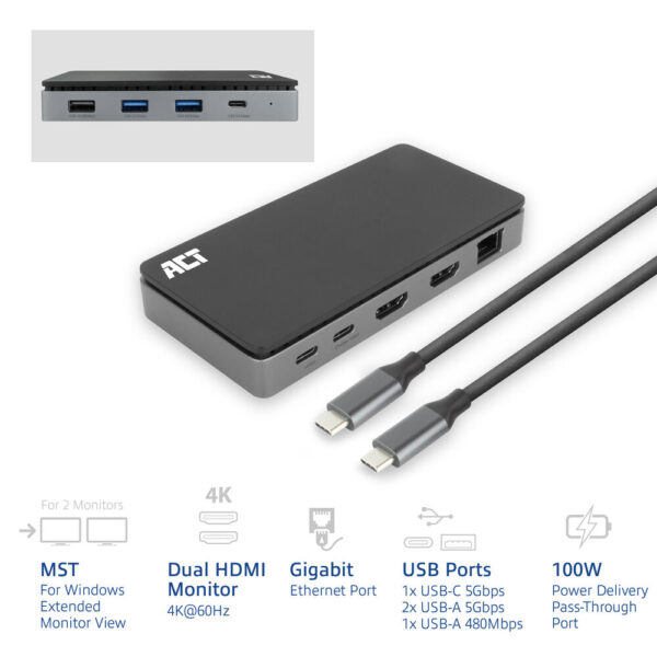 ACT USB-C 4K MST dockingstation voor 2 HDMI-monitoren, Ethernet, USB-C, 3x USB-A, PD passthrough en 1 meter lange afneembare USB - Afbeelding 3