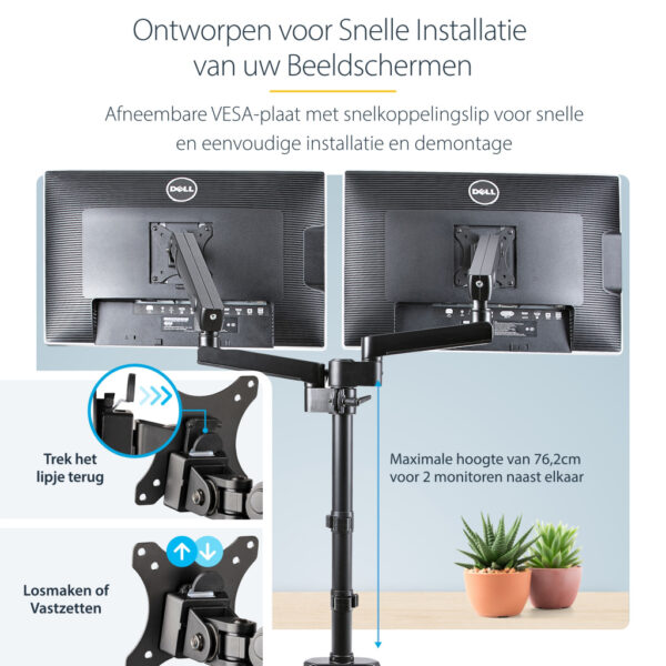 StarTech.com Dubbele Monitor Arm voor Bureaumontage, Full Motion Monitorbeugel voor 2x VESA-displays tot 32" (8kg), Verticale St - Afbeelding 16