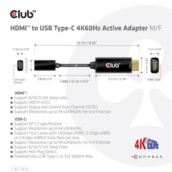 CLUB3D HDMI to USB Type-C 4K60Hz Active Adapter M/F - Afbeelding 4