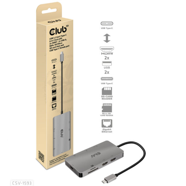 CLUB3D Type-C HUB 8-in-1 met 2x HDMI ( alt modus), 2x USB-A, RJ45, SD/Micro slot en USB Type-C oplaad mogelijkheid max. 100Watt( - Afbeelding 3