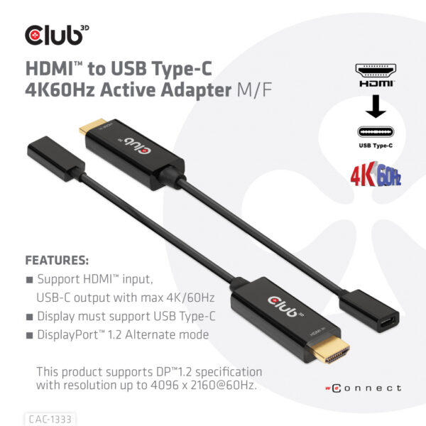 CLUB3D HDMI to USB Type-C 4K60Hz Active Adapter M/F - Afbeelding 3