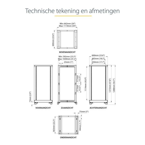 StarTech.com 4-Post 25U Mobiel Open Frame Server Rack, 19" Patchkast met Wielen en 4 Stijlen, Open Serverkast met Verstelbare Di - Afbeelding 10