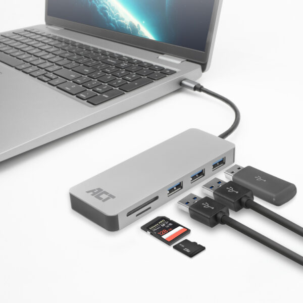 ACT USB-C hub 3.0, 3x USB-A, cardreader, PD pass-through - Afbeelding 4