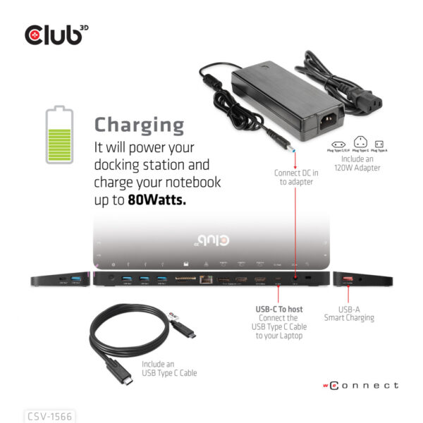 CLUB3D Universeel Docking station met 120W max/Power adapter voor het opladen van de allerzwaarste laptops met USB type C aanslu - Afbeelding 10