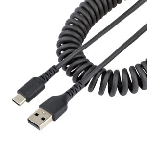 StarTech.com 1m USB A naar C Laadkabel, Zwart, Robuuste Fast Charge & Sync Spiraalkabel, Hoogwaardige USB 2.0 A naar USB Type-C