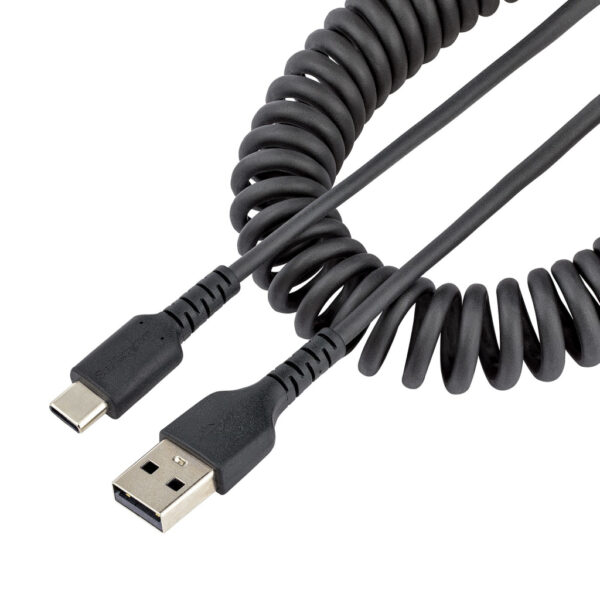 StarTech.com 1m USB A naar C Laadkabel, Zwart, Robuuste Fast Charge & Sync Spiraalkabel, Hoogwaardige USB 2.0 A naar USB Type-C