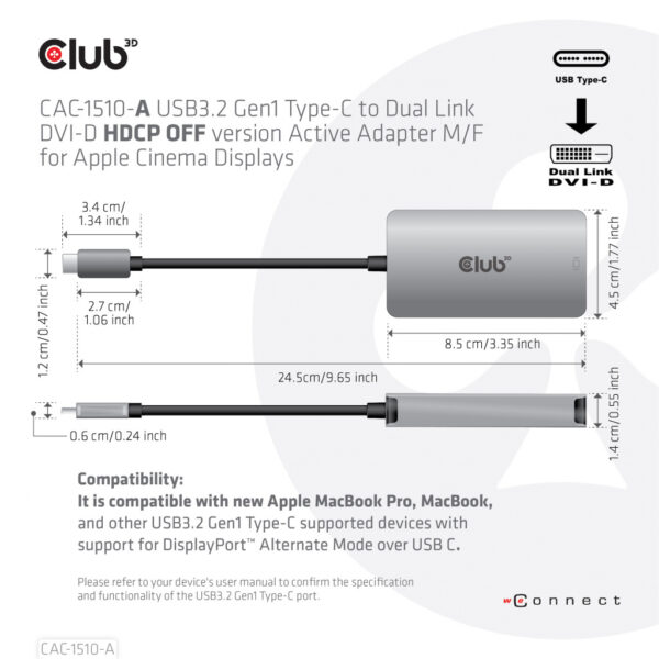 CLUB3D USB3.2 Gen1 Type-C to Dual Link DVI-D HDCP OFF version Active Adapter M/F for Apple Cinema Displays - Afbeelding 6