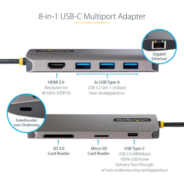 StarTech.com USB C Multiport Adapter, 4K 60Hz HDMI Video, 3 Port 5Gbps USB-A Hub, 100W USB Power Delivery Pass-Through, GbE, SD - Afbeelding 13