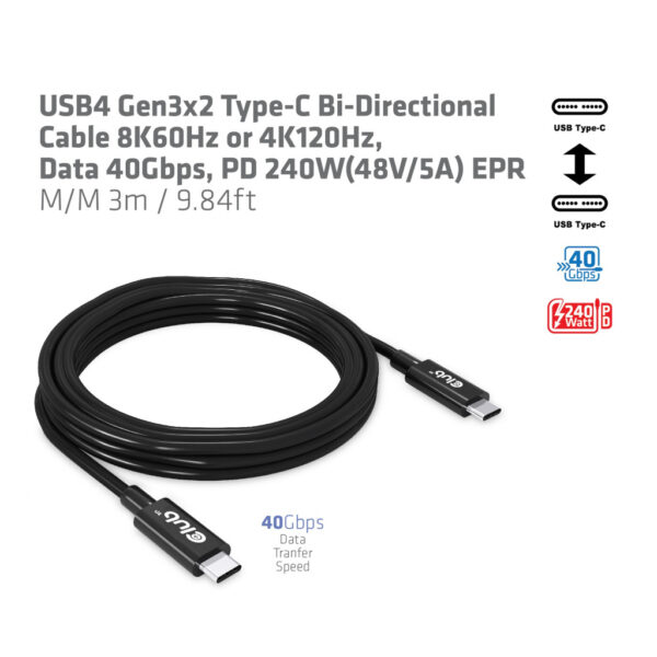 CLUB3D USB4 Gen3x2 Type-C Bi-Directional Cable 8K60Hz or 4K120Hz, Data 40Gbps, PD 240W(48V/5A) EPR M/M 3m / 9.84ft - Afbeelding 5