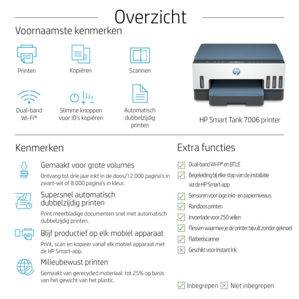 HP Smart Tank 7006 Draadloos All-in-One Kleur Printer, Dubbelzijdig printen; Kopieerapparaat, Scanner - Afbeelding 6