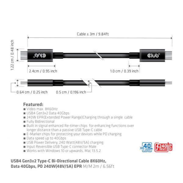 CLUB3D USB4 Gen3x2 Type-C Bi-Directional Cable 8K60Hz or 4K120Hz, Data 40Gbps, PD 240W(48V/5A) EPR M/M 3m / 9.84ft - Afbeelding 6
