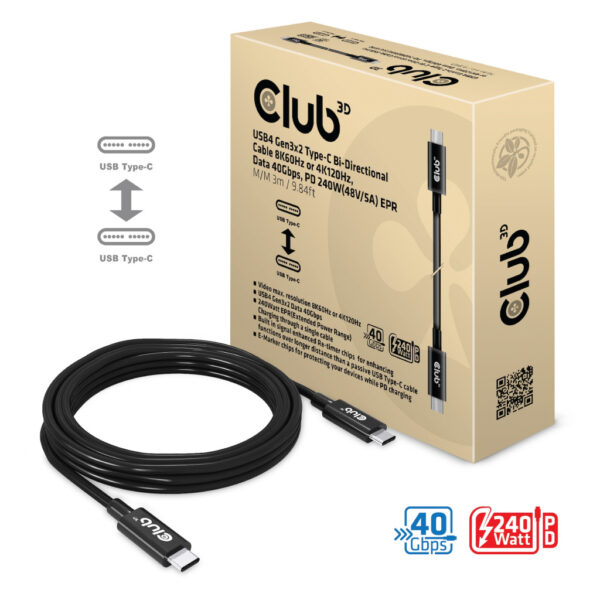 CLUB3D USB4 Gen3x2 Type-C Bi-Directional Cable 8K60Hz or 4K120Hz, Data 40Gbps, PD 240W(48V/5A) EPR M/M 3m / 9.84ft - Afbeelding 4