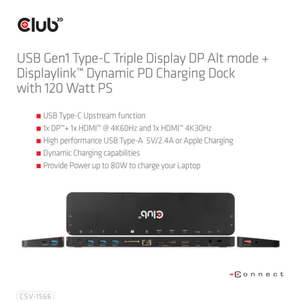 CLUB3D Universeel Docking station met 120W max/Power adapter voor het opladen van de allerzwaarste laptops met USB type C aanslu - Afbeelding 9