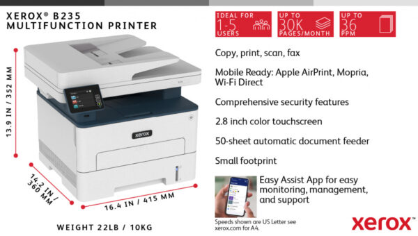 Xerox B235 A4 34 ppm draadloze dubbelzijdige printer PS3 PCL5e/6 ADF 2 laden totaal 251 vel - Afbeelding 13