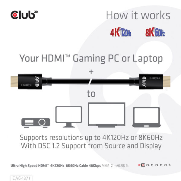 CLUB3D Ultra High Speed HDMI 4K120Hz, 144Hz Certified Cable 48Gbps M/M 1 m/3.28 ft 1Meter - Afbeelding 3