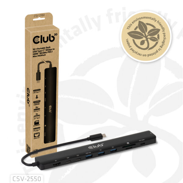 CLUB3D 10-1 Portable Dock USB Type-C® 10Gbps to HDMI™ 8K30Hz PD3.1 Max.140Watt - Afbeelding 2