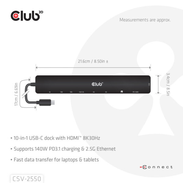 CLUB3D 10-1 Portable Dock USB Type-C® 10Gbps to HDMI™ 8K30Hz PD3.1 Max.140Watt - Afbeelding 5