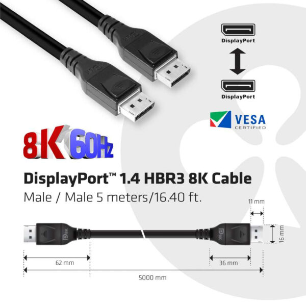 CLUB3D DisplayPort 1.4 HBR3 8K Kabel M/M 5 meter - Afbeelding 3