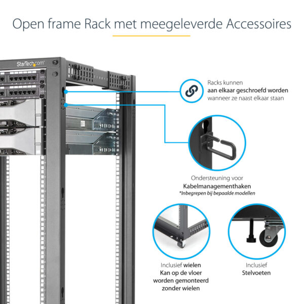 StarTech.com 4-Post 25U Mobiel Open Frame Server Rack, 19" Patchkast met Wielen en 4 Stijlen, Open Serverkast met Verstelbare Di - Afbeelding 8