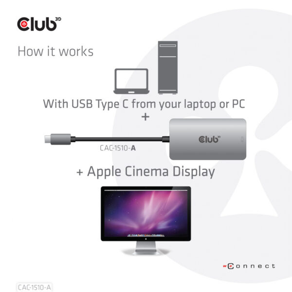 CLUB3D USB3.2 Gen1 Type-C to Dual Link DVI-D HDCP OFF version Active Adapter M/F for Apple Cinema Displays - Afbeelding 5