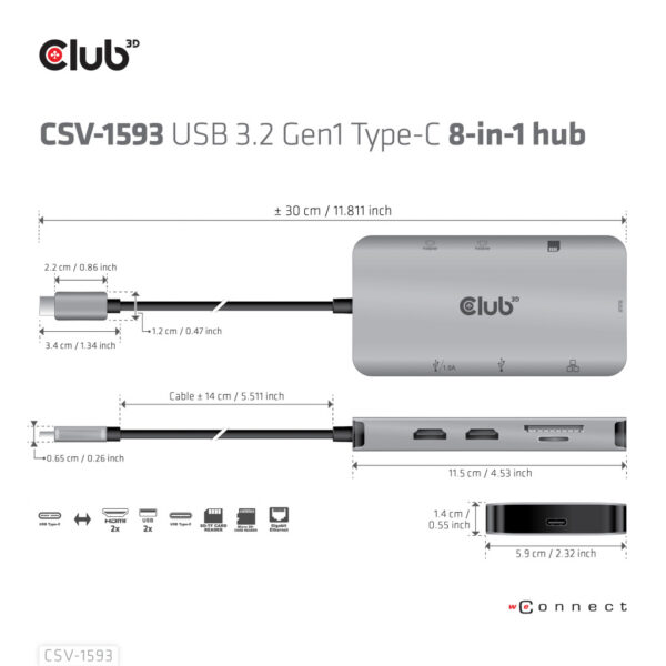 CLUB3D Type-C HUB 8-in-1 met 2x HDMI ( alt modus), 2x USB-A, RJ45, SD/Micro slot en USB Type-C oplaad mogelijkheid max. 100Watt( - Afbeelding 6