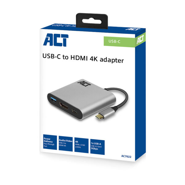ACT USB-C multiport adapter voor 1 HDMI monitor, 1x USB-A, PD pass-through - Afbeelding 3