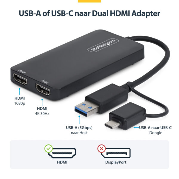 StarTech.com USB naar HDMI Adapter, USB 3.0 naar Dual HDMI Converter, USB A/C naar 2x HDMI Schermen (1x 4K30Hz, 1x 1080p), Geïnt - Afbeelding 10