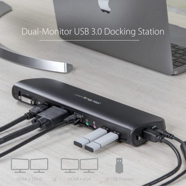 StarTech.com Dual Monitor USB 3.0 Laptop Docking Station met HDMI/DVI/VGA, 3x USB-A Hub, GbE, Audio, Universeel Type-A Dock voor - Afbeelding 7