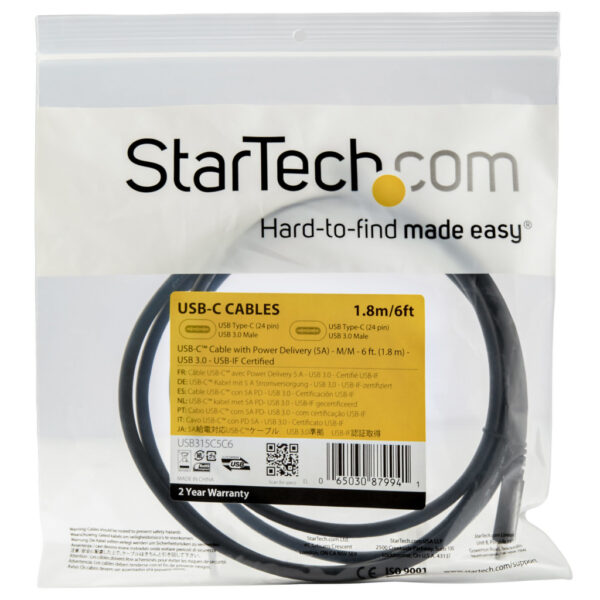 StarTech.com 1,8m USB-C Kabel, USB 5Gbps, 100W (5A) Power Delivery, Works With Chromebook Gecertificeerd, 4K 60Hz DP Alt Mode, U - Afbeelding 5