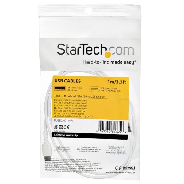 StarTech.com 1m USB-A naar USB-C Laadkabel, Robuuste Fast Charge & Sync Kabel, 3A, USB 2.0, TPE Mantel en Aramidevezels - Witte - Afbeelding 6