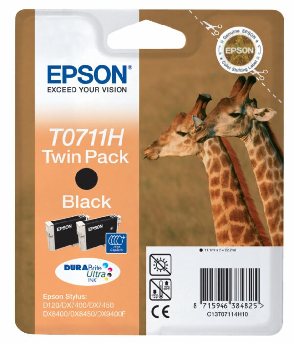 Epson Giraffe Dubbelpack Inktpatroon Black T0711H, duoverpakking T0711H DURABrite Ultra Ink - Afbeelding 2