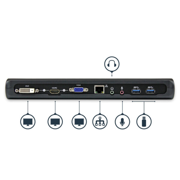 StarTech.com Dual Monitor USB 3.0 Laptop Docking Station met HDMI/DVI/VGA, 3x USB-A Hub, GbE, Audio, Universeel Type-A Dock voor - Afbeelding 4