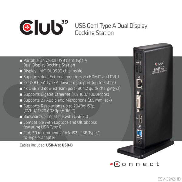 CLUB3D UNIVERSEEL USB 3.0 Type A 1x HDMI 1x DVI ,UTP aansluitingen DisplayLink™ gecertificeerd Docking Station - Afbeelding 7