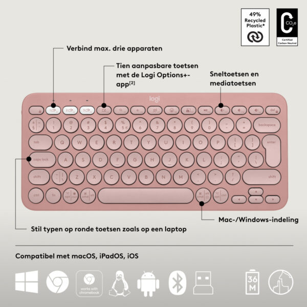 Logitech 920-012241 toetsenbord Inclusief muis Universeel RF-draadloos + Bluetooth QWERTY US International Roze - Afbeelding 6