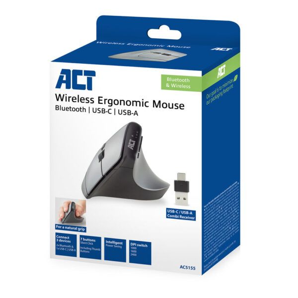 ACT Draadloze Ergonomische Muis met Bluetooth en USB-C/USB-A - Afbeelding 3