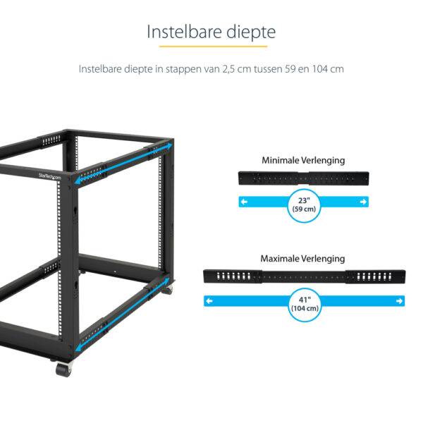 StarTech.com 4-Post 25U Mobiel Open Frame Server Rack, 19" Patchkast met Wielen en 4 Stijlen, Open Serverkast met Verstelbare Di - Afbeelding 6